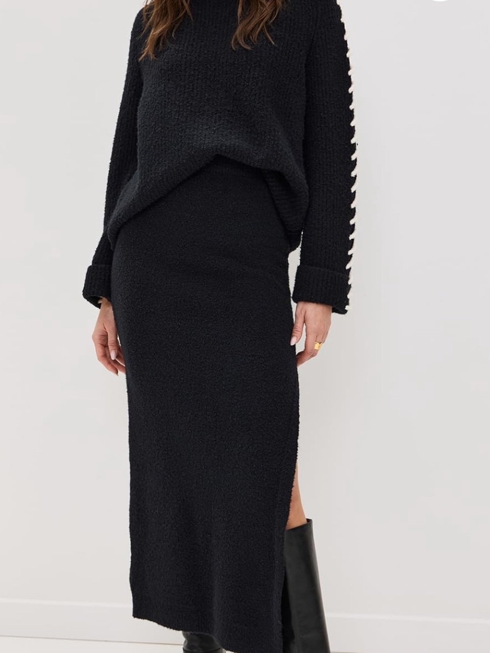 525 America Black Boucle Maxi Skirt with Side Slit
